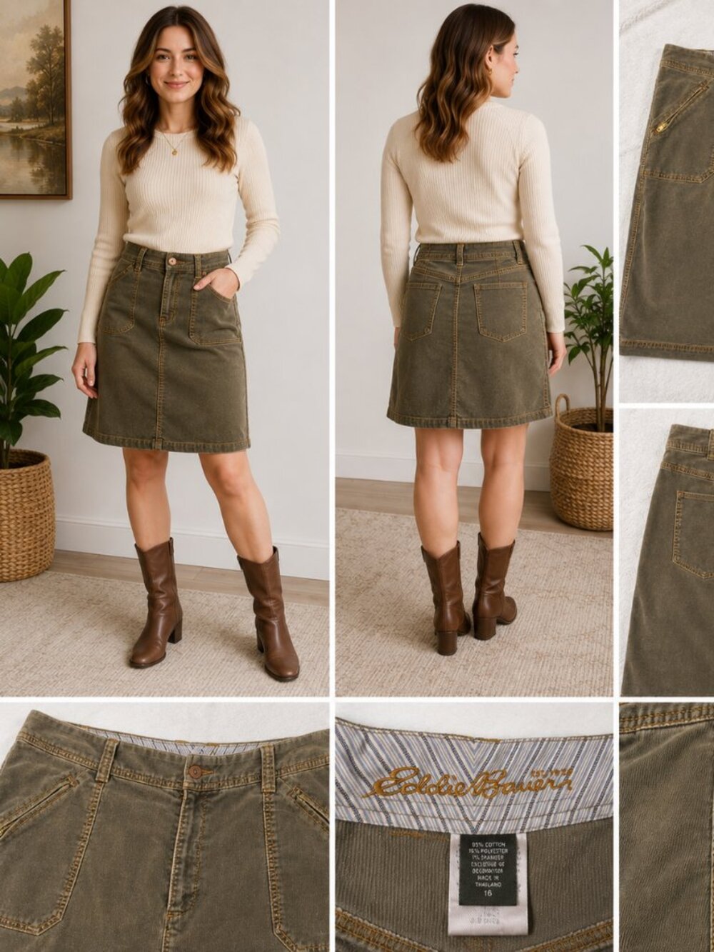 Eddie Bauer Women’s 16 Olive Green Corduroy Skirt Stretch Zip Pockets 26”